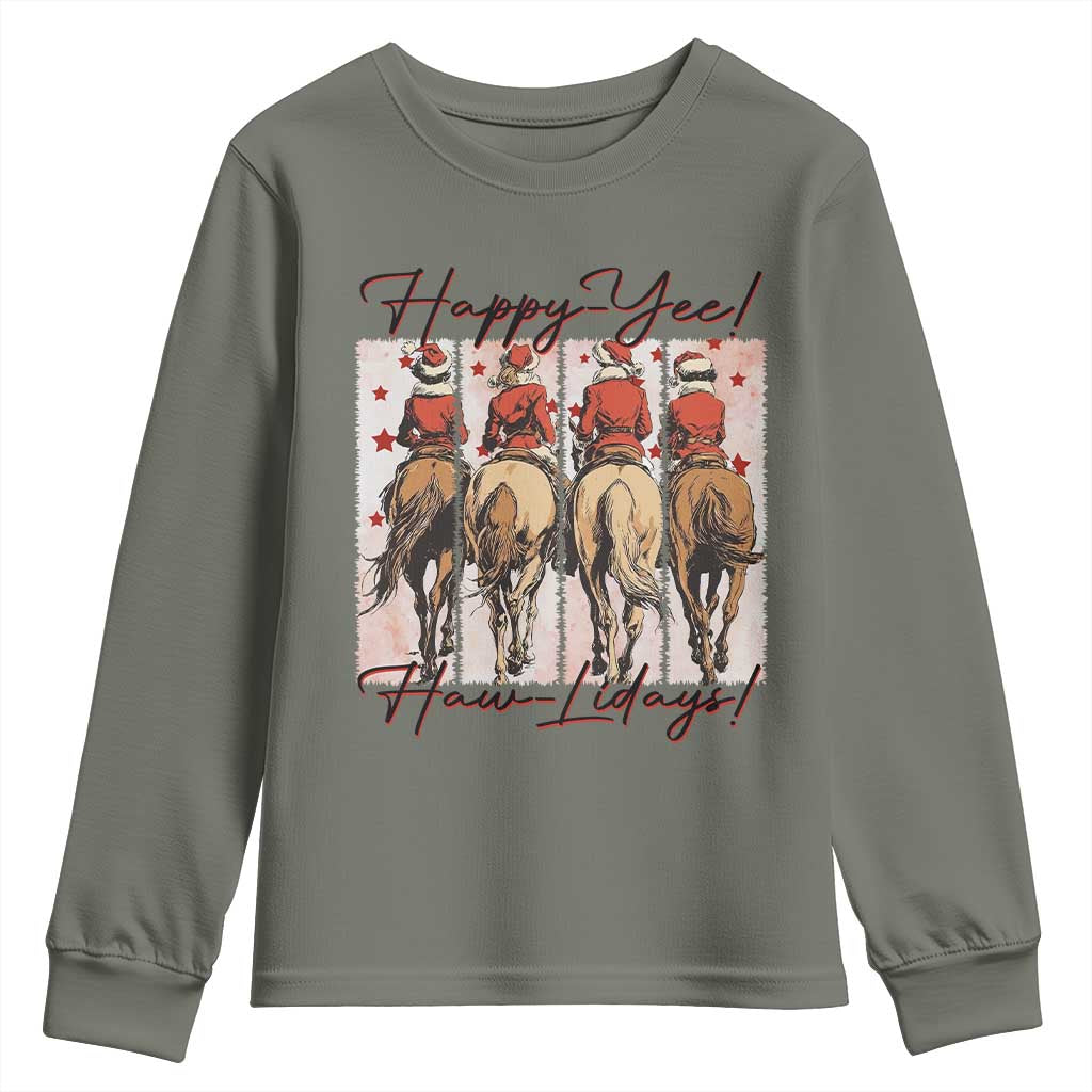 Happy Yee Haw Lidays Youth Sweatshirt Western Christmas Horse Rider Cowgirl Gift - Wonder Print Shop