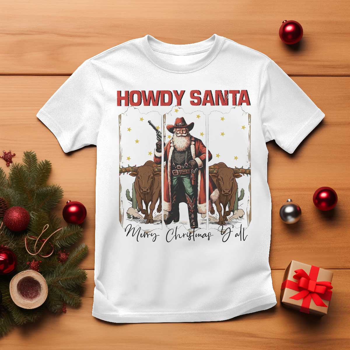 Howdy Santa Merry Christmas Y'all T Shirt Funny Western Bull Riding - Wonder Print Shop