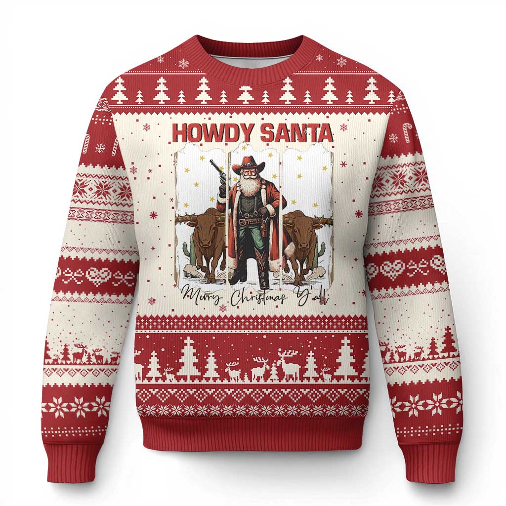 Howdy Santa Merry Xmas Y'all Ugly Christmas Sweater Funny Western Bull Riding - Wonder Print Shop