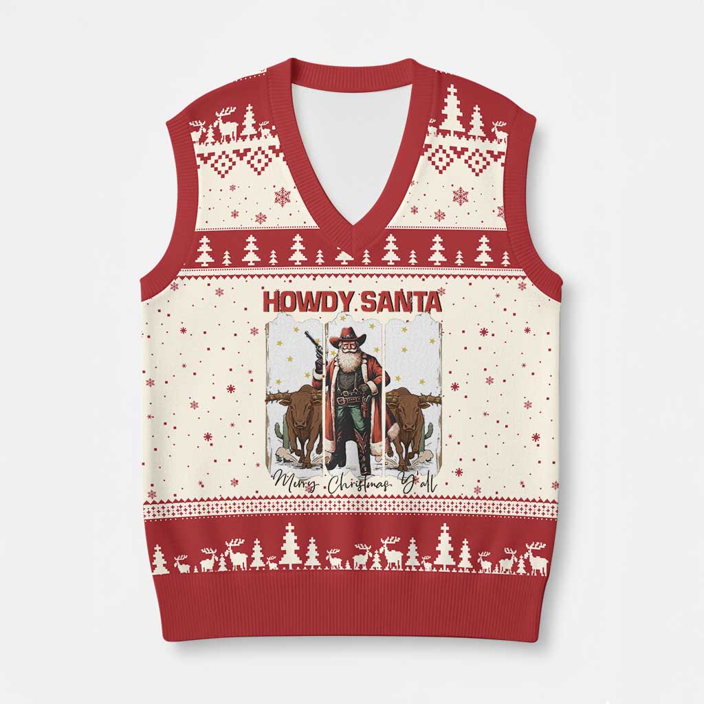 Howdy Santa Merry Xmas Y'all V-Neck Knit Sweater Vest Funny Western Bull Riding - Wonder Print Shop