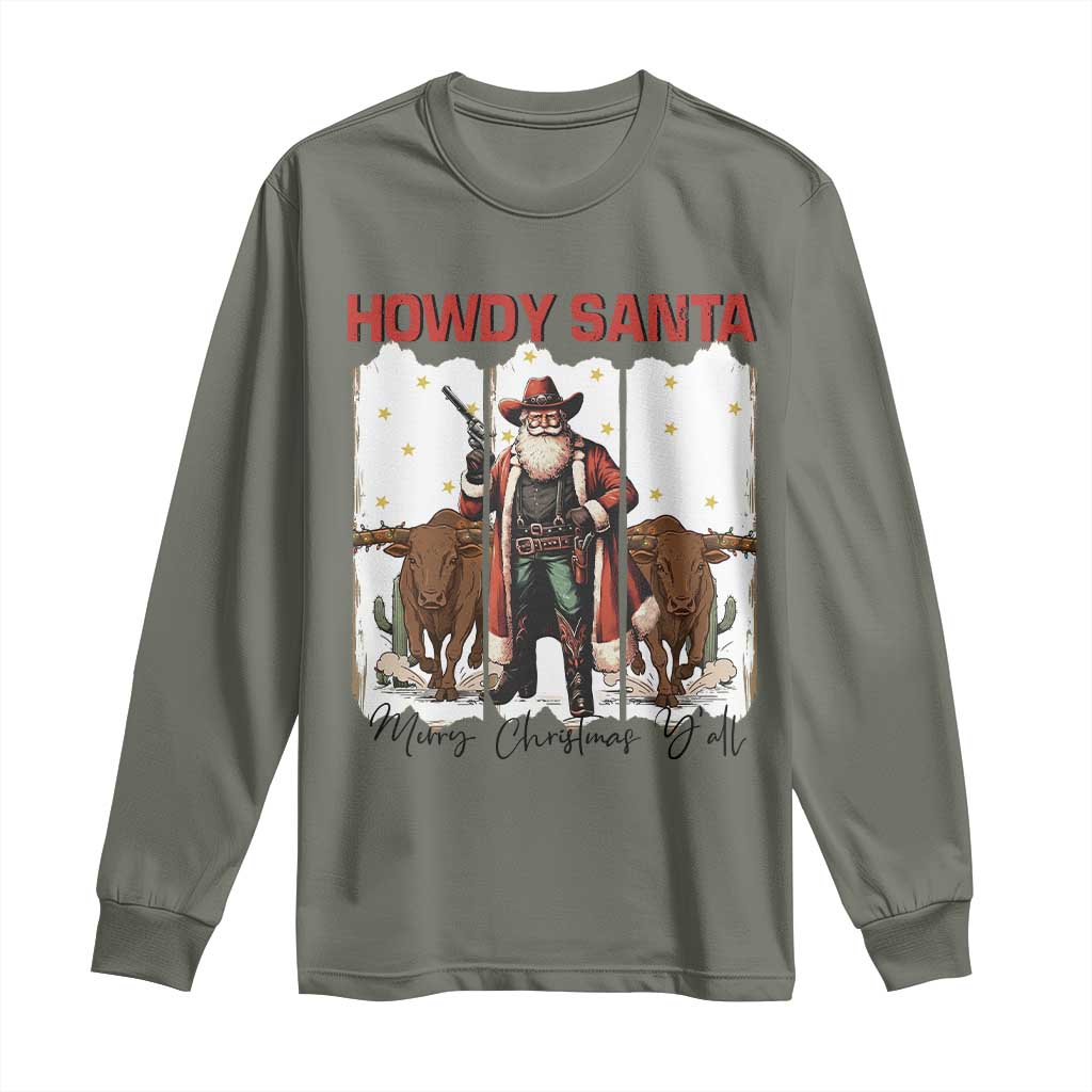 Howdy Santa Merry Christmas Y'all Long Sleeve Shirt Funny Western Bull Riding - Wonder Print Shop