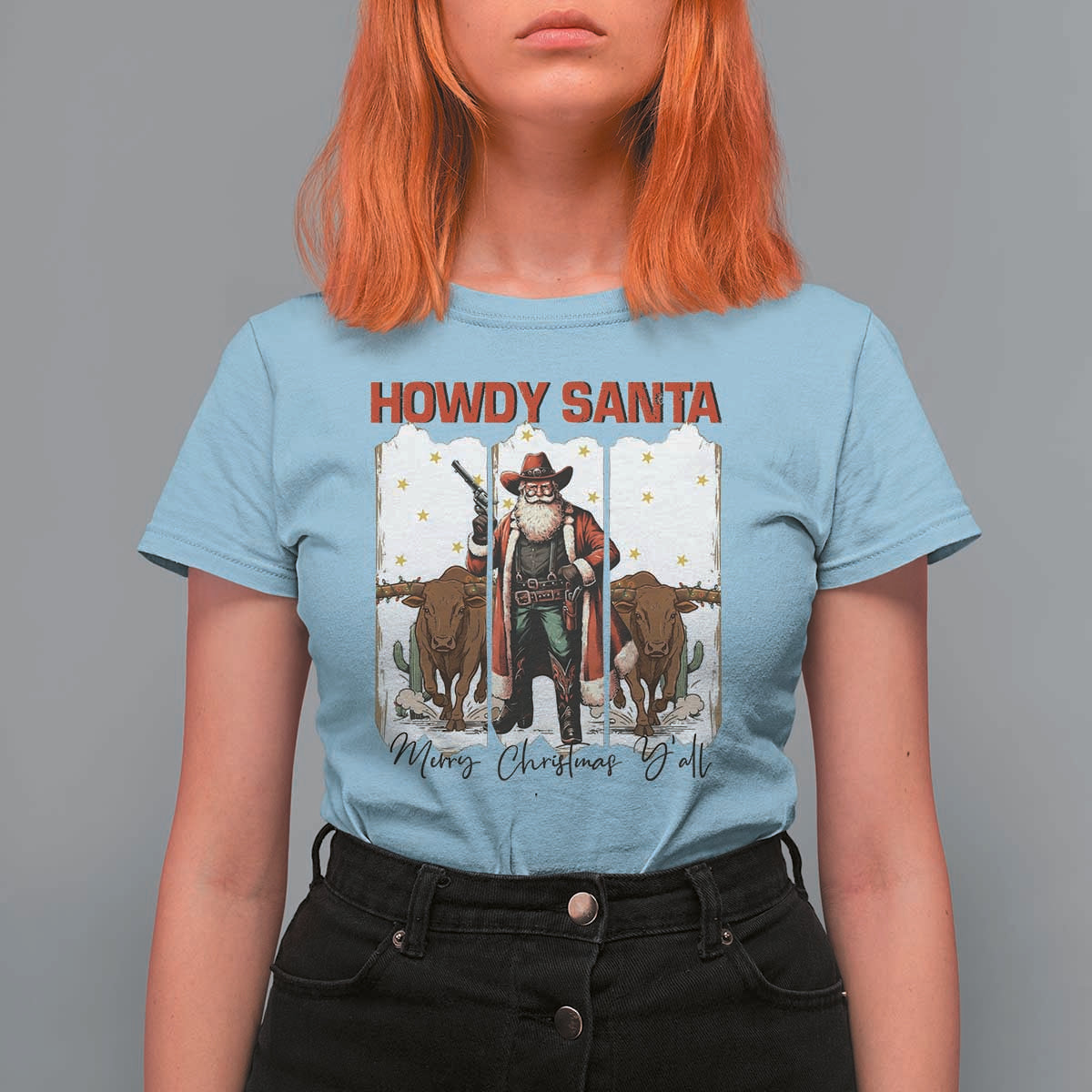 Howdy Santa Merry Christmas Y'all T Shirt For Women Funny Western Bull Riding - Wonder Print Shop