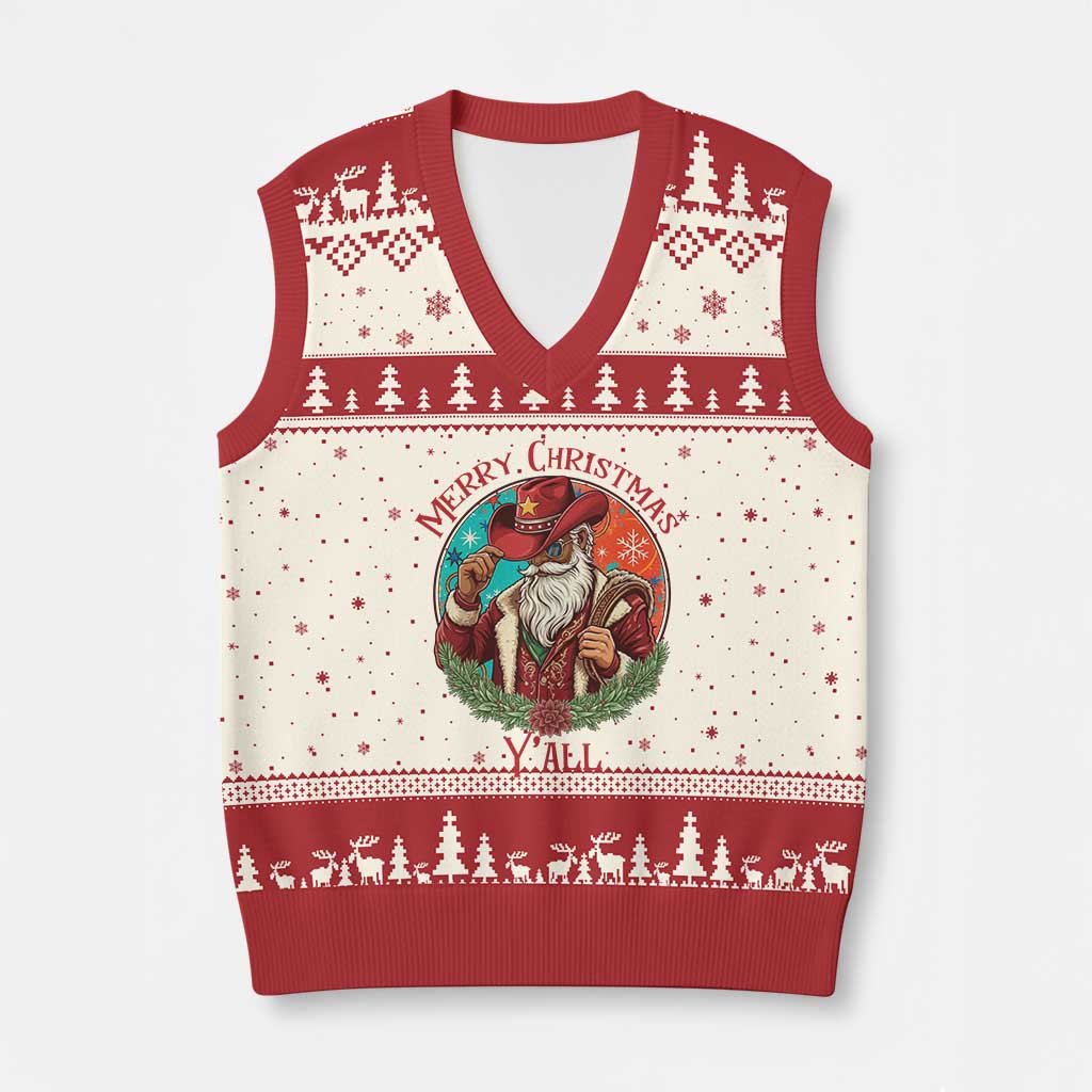 Howdy Santa Merry Xmas Y'all V-Neck Knit Sweater Vest Funny Western Holiday Gift - Wonder Print Shop