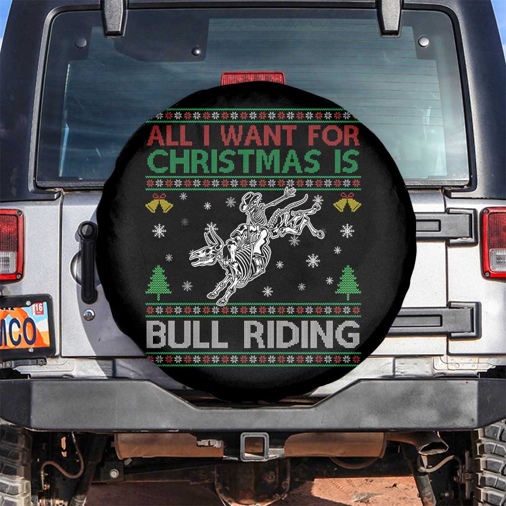 All I Want For Christmas Is Bull Riding Spare Tire Cover Skeleton Cowboy Ugly Sweater Gift - Wonder Print Shop
