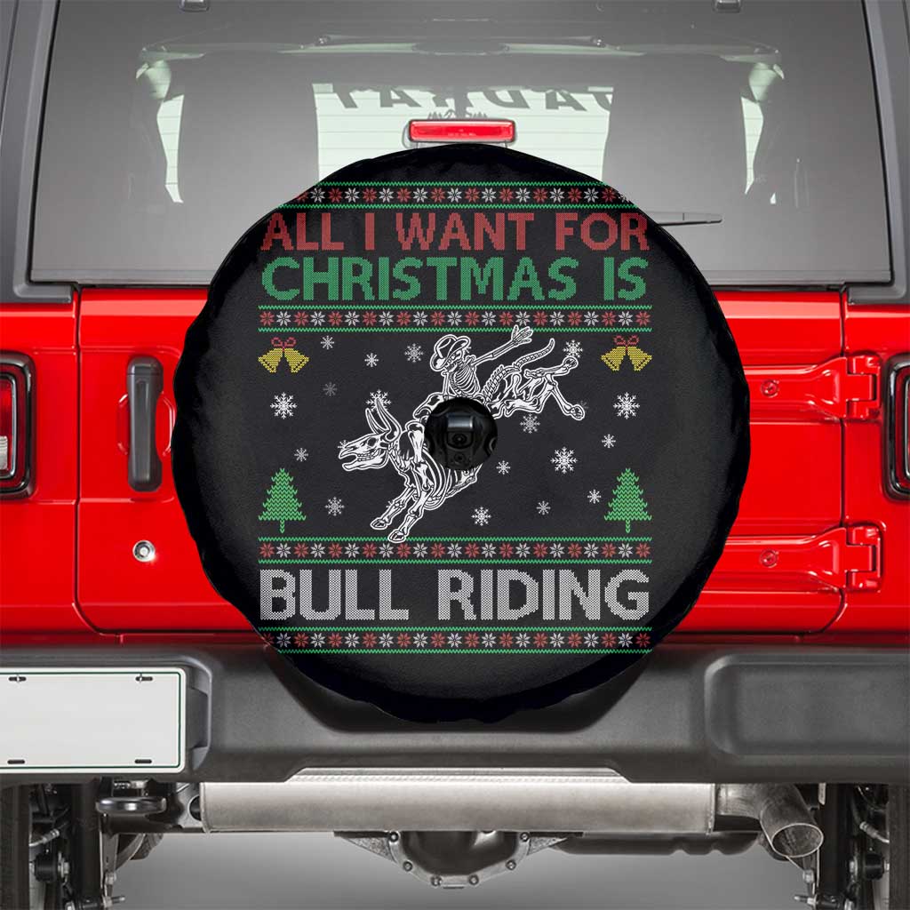 All I Want For Christmas Is Bull Riding Spare Tire Cover Skeleton Cowboy Ugly Sweater Gift - Wonder Print Shop