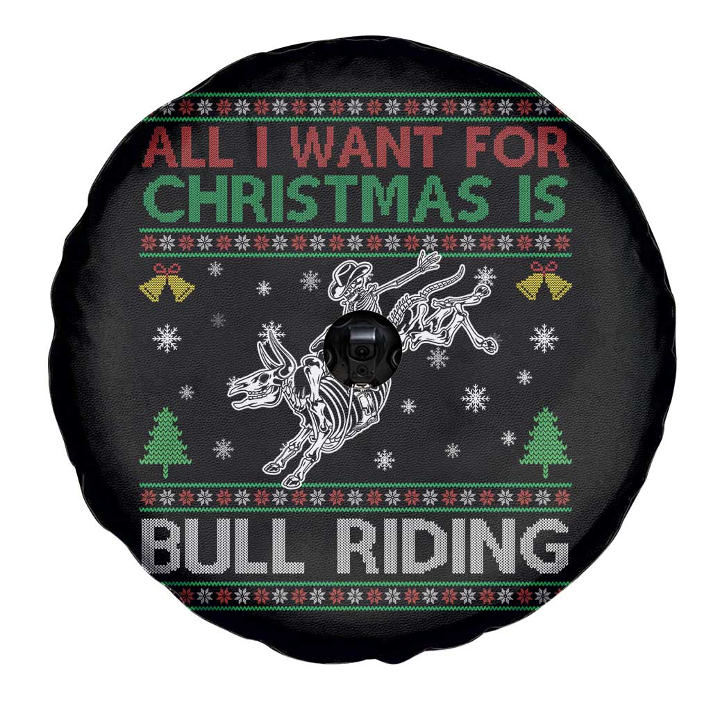 All I Want For Christmas Is Bull Riding Spare Tire Cover Skeleton Cowboy Ugly Sweater Gift - Wonder Print Shop