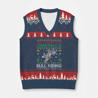 All I Want For Xmas Is Bull Riding V-Neck Knit Sweater Vest Skeleton Cowboy Ugly Sweater Gift - Wonder Print Shop