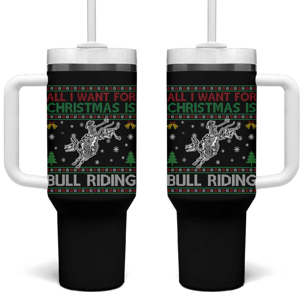 All I Want For Christmas Is Bull Riding Tumbler With Handle Skeleton Cowboy Ugly Sweater Gift - Wonder Print Shop