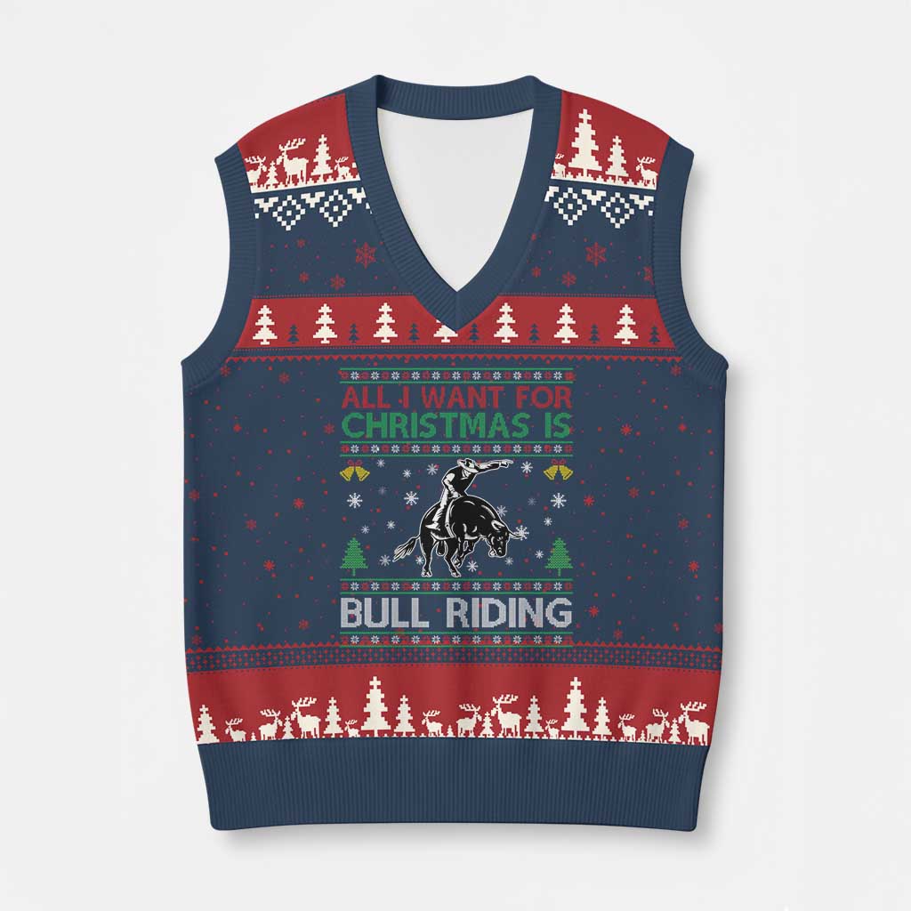 Western Bull Riding All I Want For Xmas Ugly Sweater Gift V-Neck Knit Sweater Vest - Wonder Print Shop