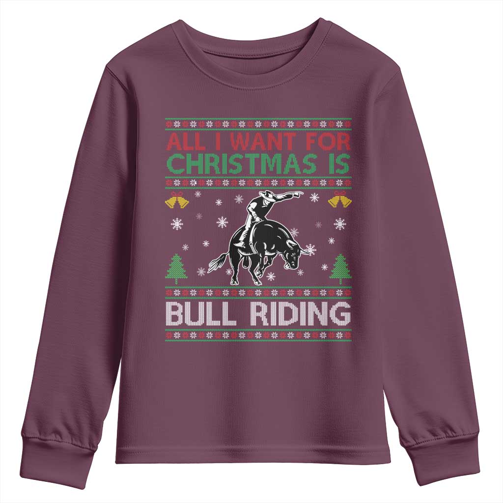 Western Bull Riding All I Want For Christmas Ugly Sweater Gift Youth Sweatshirt - Wonder Print Shop