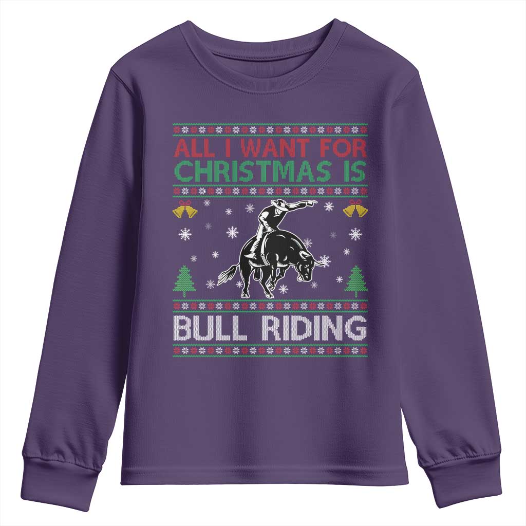 Western Bull Riding All I Want For Christmas Ugly Sweater Gift Youth Sweatshirt - Wonder Print Shop