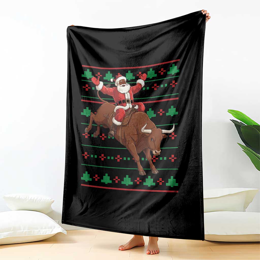 Funny Black Santa Riding Bull Throw Blanket Ugly Christmas Sweater Gift - Wonder Print Shop