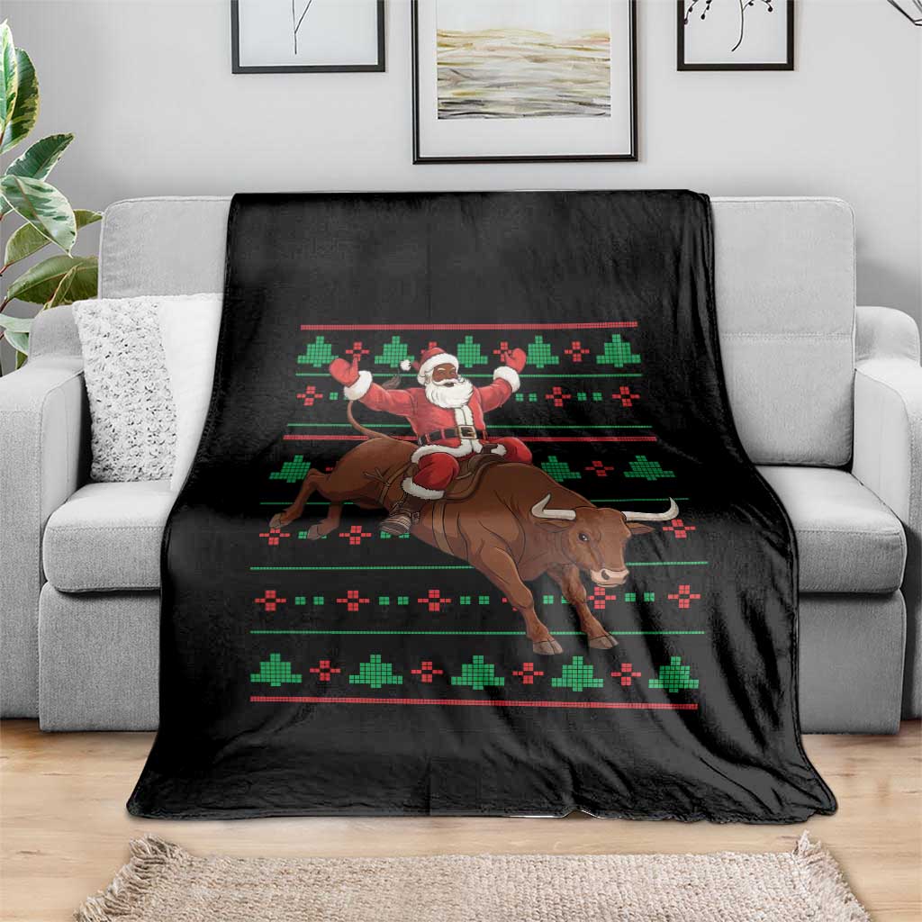 Funny Black Santa Riding Bull Throw Blanket Ugly Christmas Sweater Gift - Wonder Print Shop