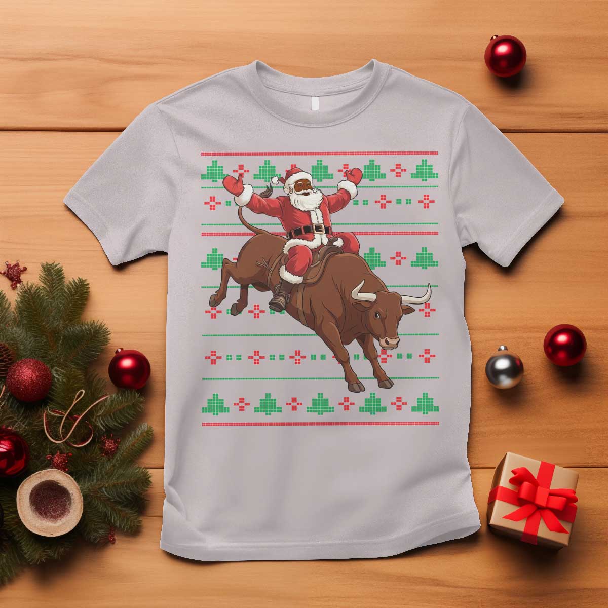 Funny Black Santa Riding Bull T Shirt Ugly Christmas Sweater Gift - Wonder Print Shop