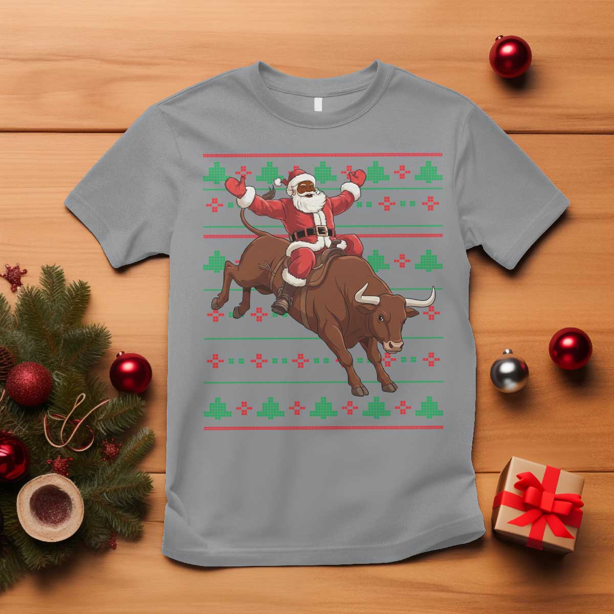 Funny Black Santa Riding Bull T Shirt Ugly Christmas Sweater Gift - Wonder Print Shop