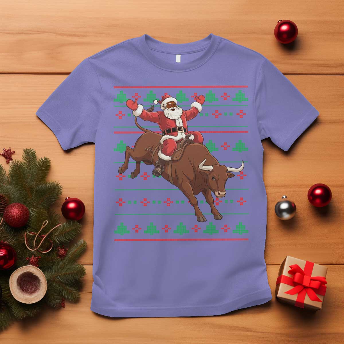 Funny Black Santa Riding Bull T Shirt Ugly Christmas Sweater Gift - Wonder Print Shop