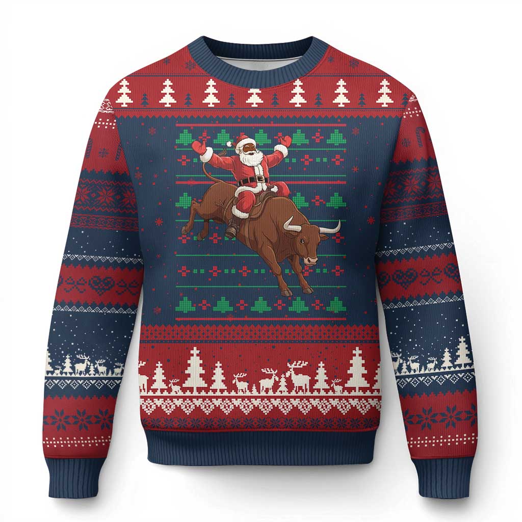 Funny Black Santa Riding Bull Ugly Christmas Sweater Ugly Xmas Sweater Gift - Wonder Print Shop