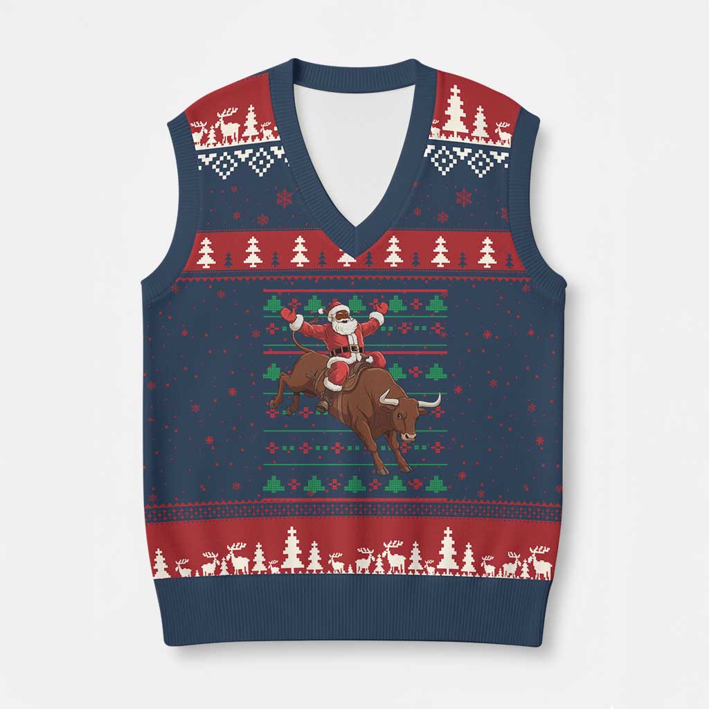 Funny Black Santa Riding Bull V-Neck Knit Sweater Vest Ugly Xmas Sweater Gift - Wonder Print Shop