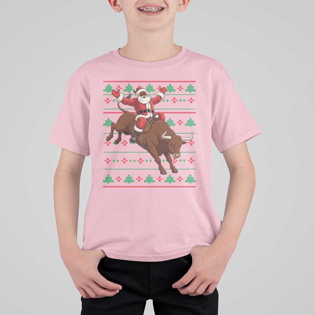 Funny Black Santa Riding Bull T Shirt For Kid Ugly Christmas Sweater Gift - Wonder Print Shop