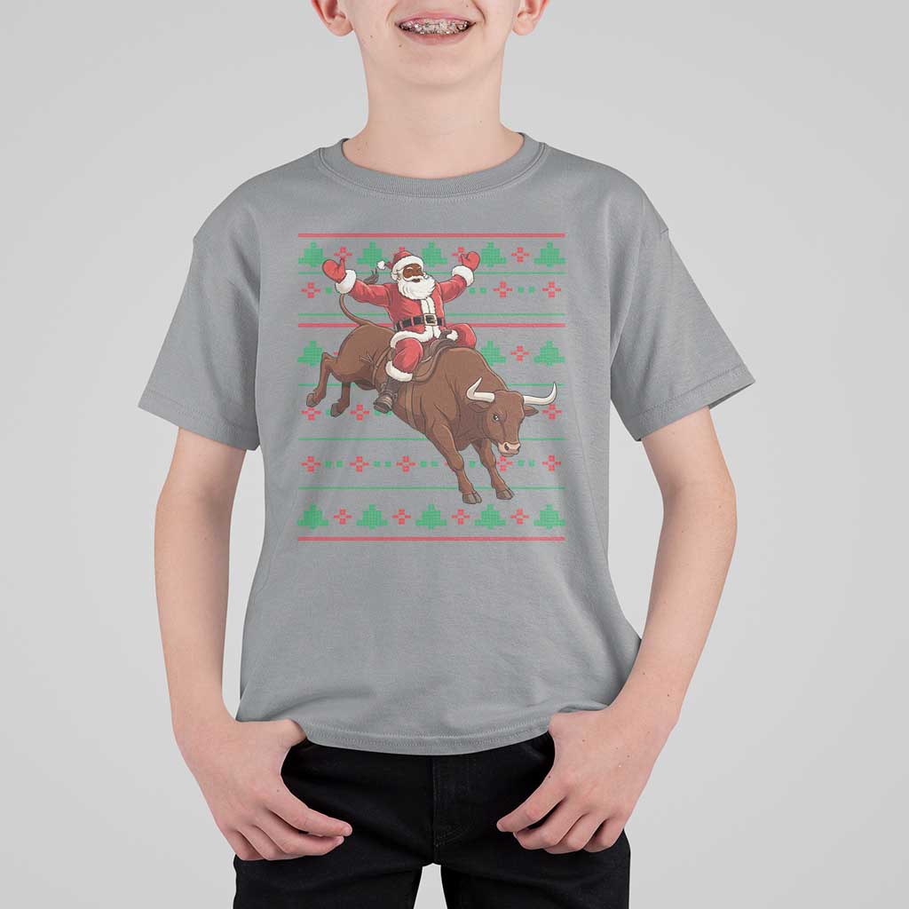 Funny Black Santa Riding Bull T Shirt For Kid Ugly Christmas Sweater Gift - Wonder Print Shop