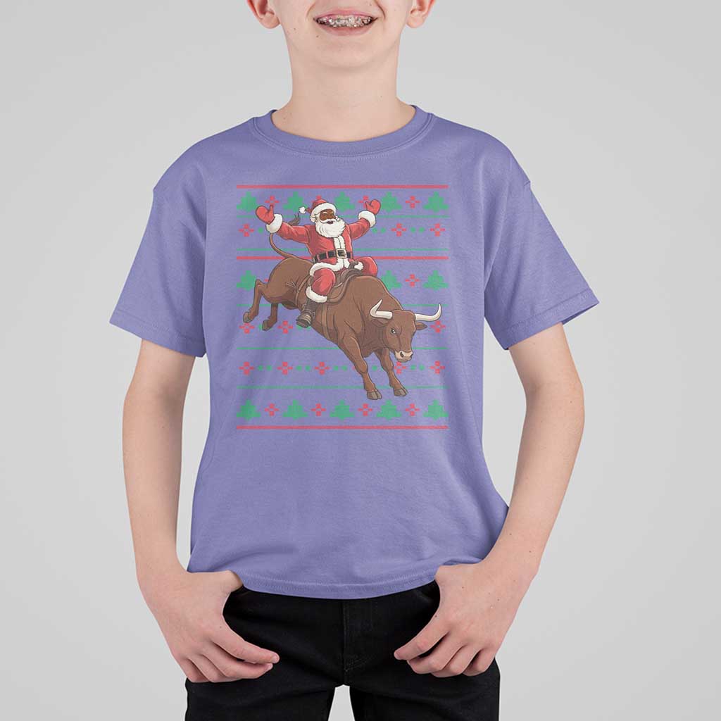 Funny Black Santa Riding Bull T Shirt For Kid Ugly Christmas Sweater Gift - Wonder Print Shop