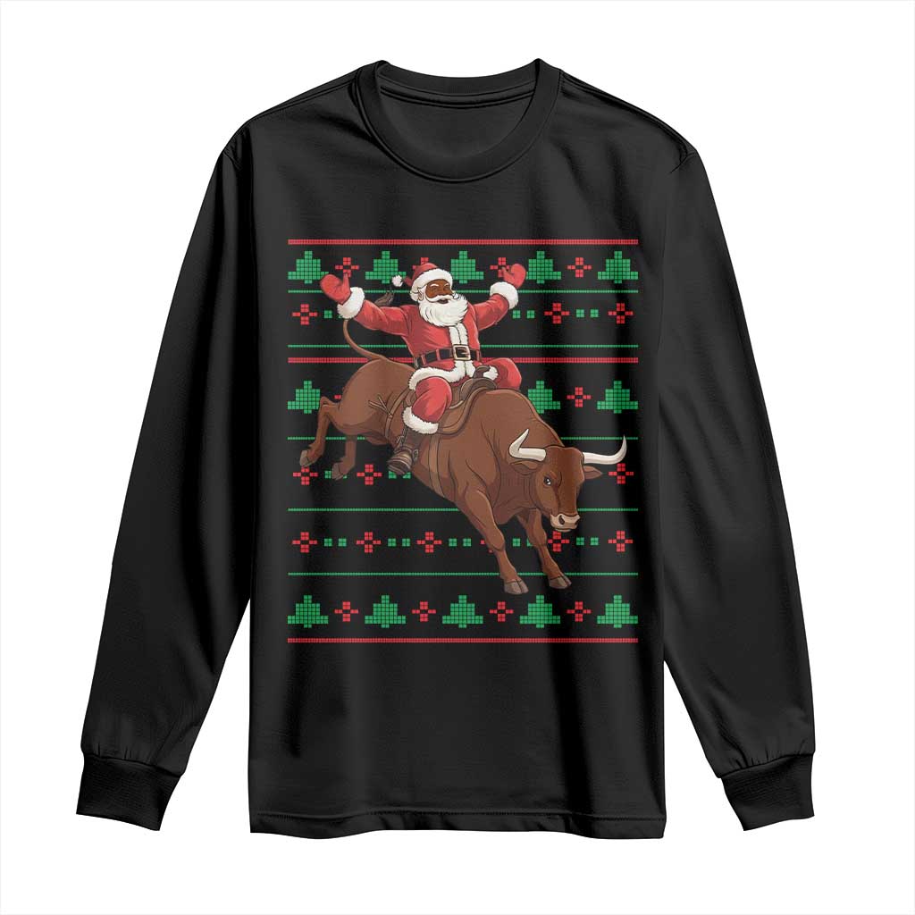 Funny Black Santa Riding Bull Long Sleeve Shirt Ugly Christmas Sweater Gift - Wonder Print Shop