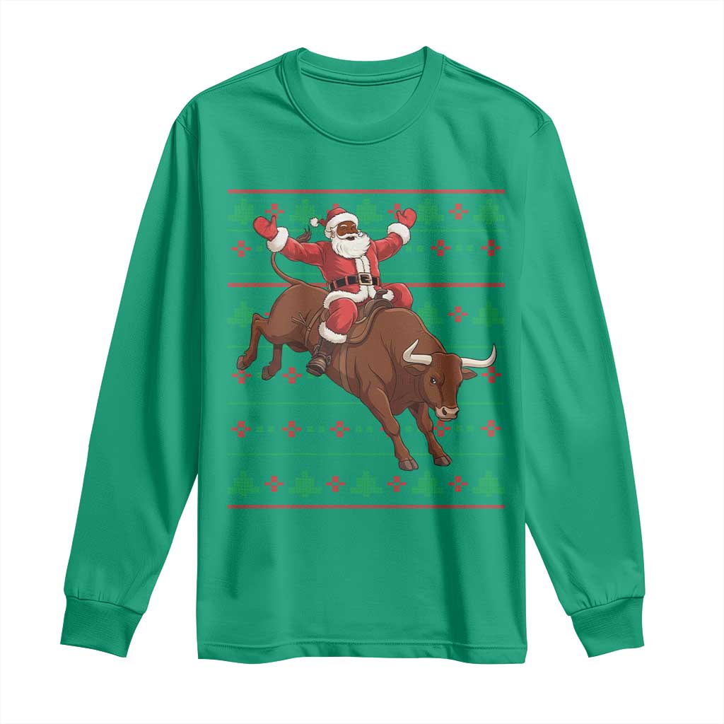 Funny Black Santa Riding Bull Long Sleeve Shirt Ugly Christmas Sweater Gift - Wonder Print Shop