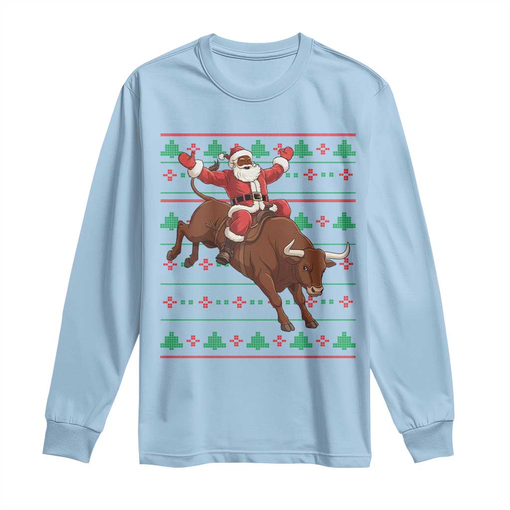 Funny Black Santa Riding Bull Long Sleeve Shirt Ugly Christmas Sweater Gift - Wonder Print Shop