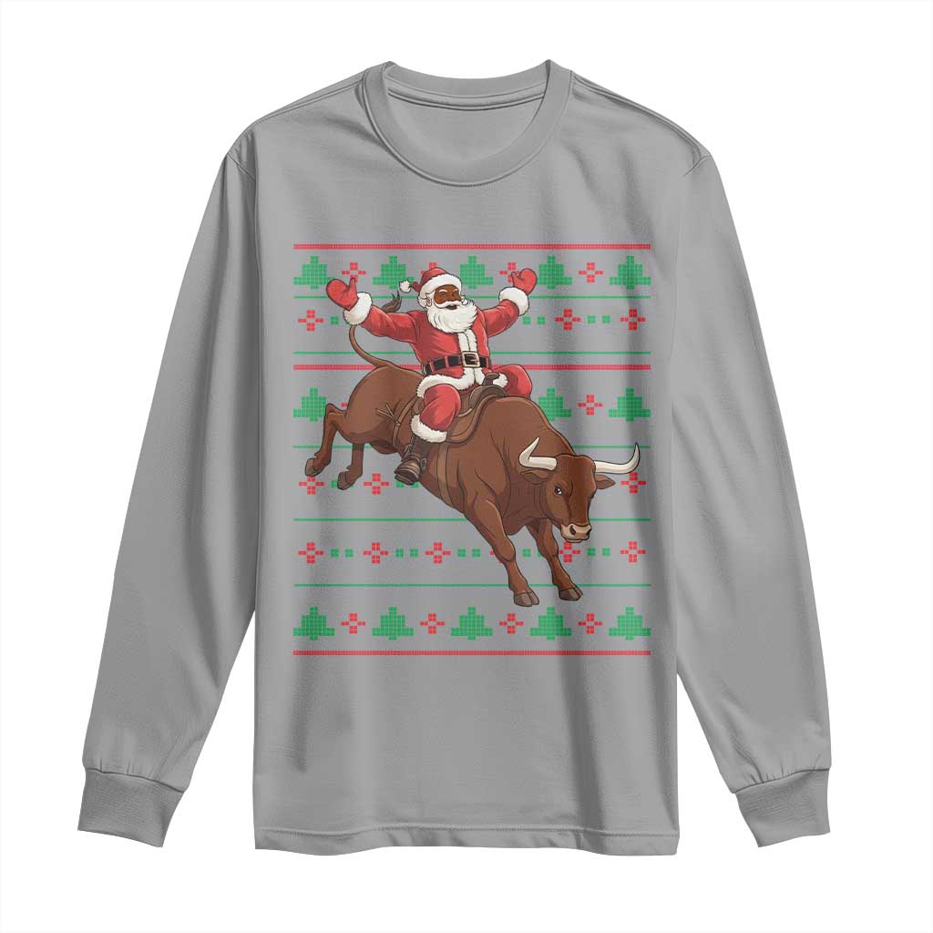 Funny Black Santa Riding Bull Long Sleeve Shirt Ugly Christmas Sweater Gift - Wonder Print Shop