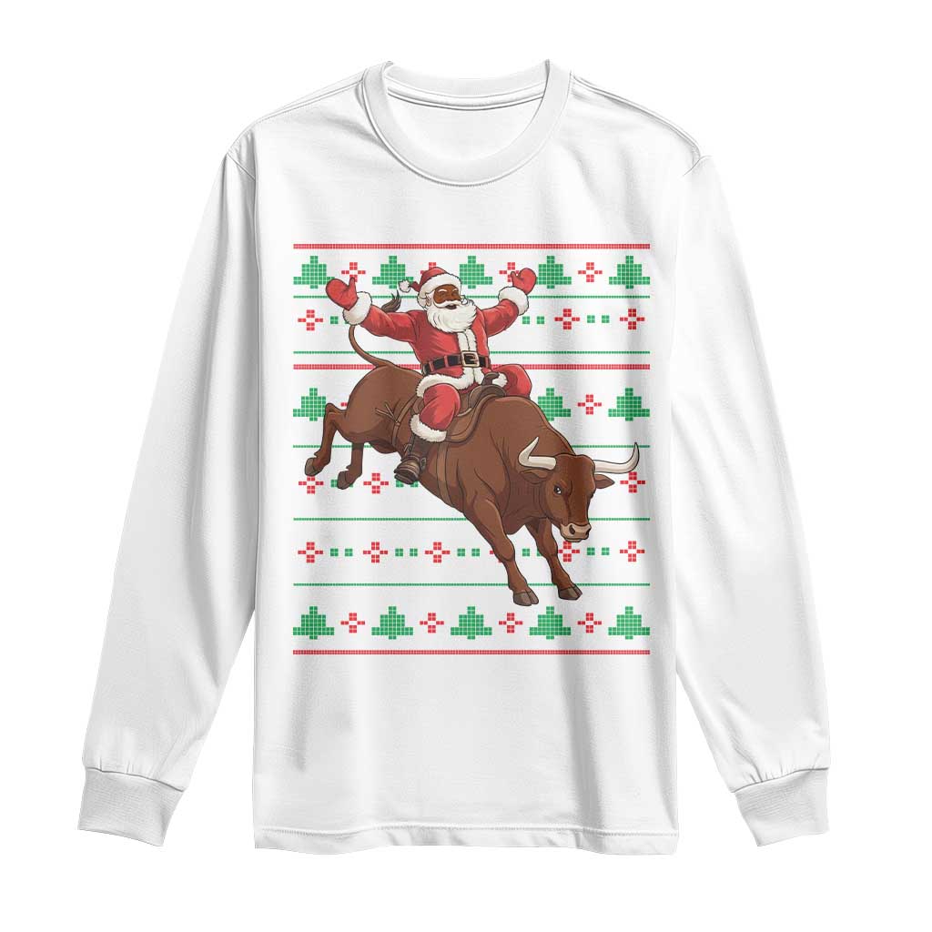Funny Black Santa Riding Bull Long Sleeve Shirt Ugly Christmas Sweater Gift - Wonder Print Shop