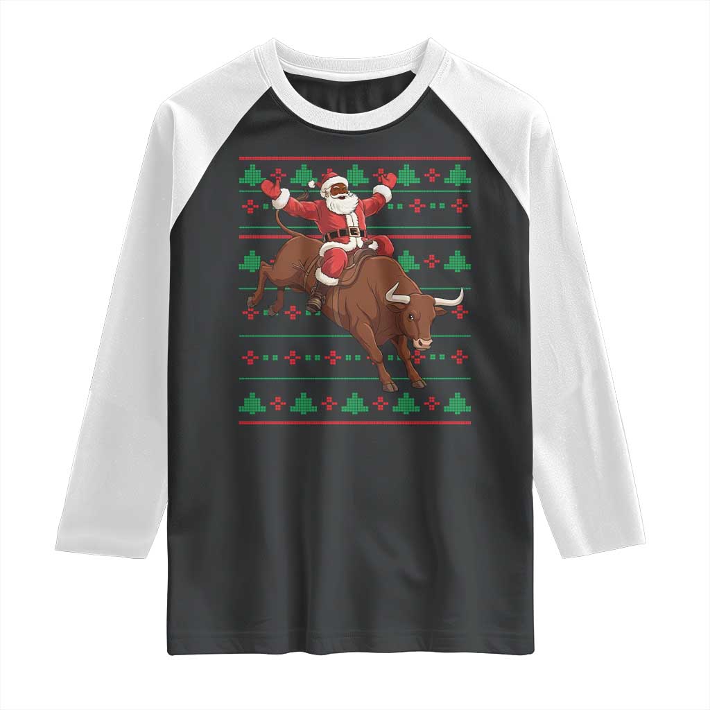Funny Black Santa Riding Bull Raglan Shirt Ugly Christmas Sweater Gift - Wonder Print Shop
