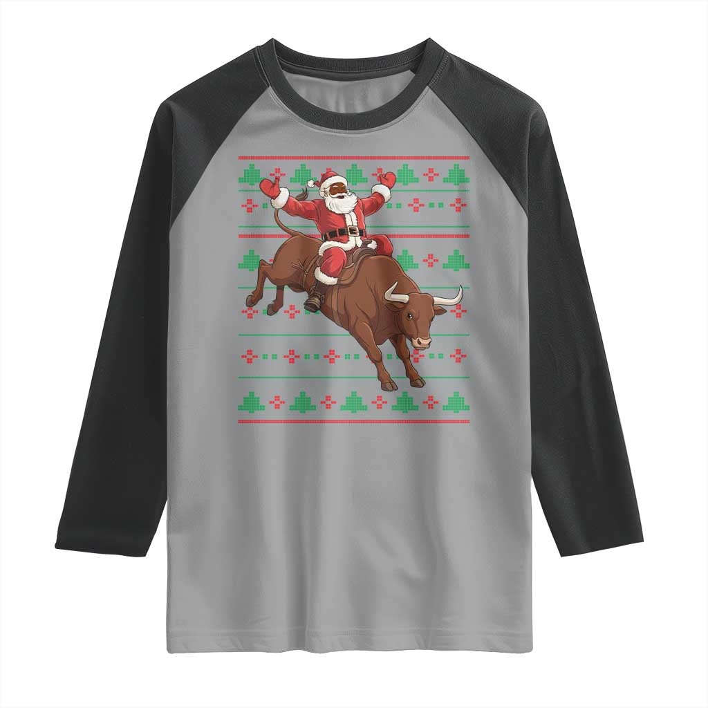 Funny Black Santa Riding Bull Raglan Shirt Ugly Christmas Sweater Gift - Wonder Print Shop