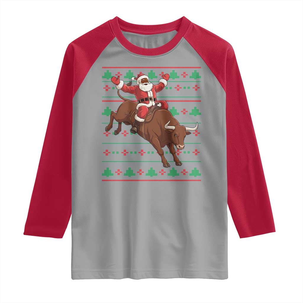 Funny Black Santa Riding Bull Raglan Shirt Ugly Christmas Sweater Gift - Wonder Print Shop