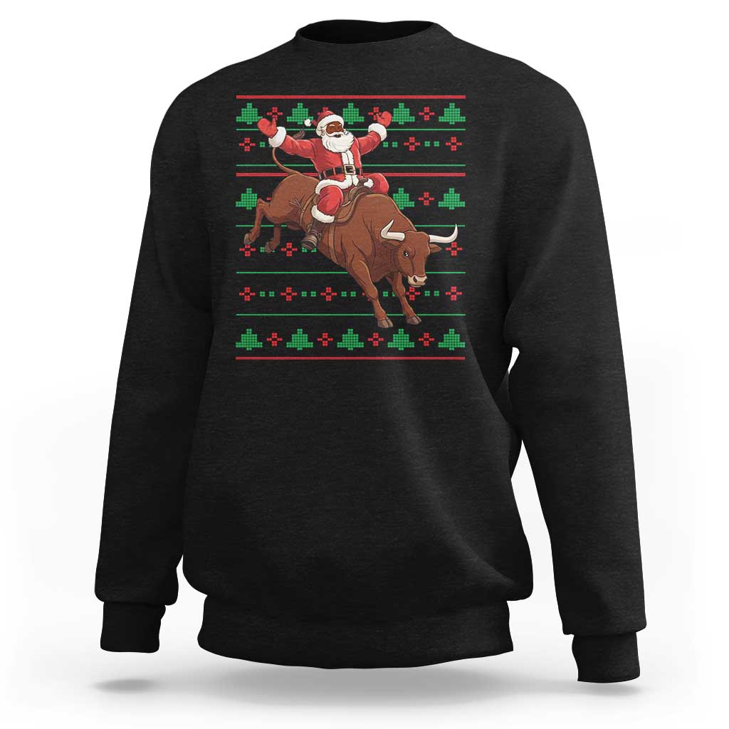 Funny Black Santa Riding Bull Sweatshirt Ugly Christmas Sweater Gift - Wonder Print Shop