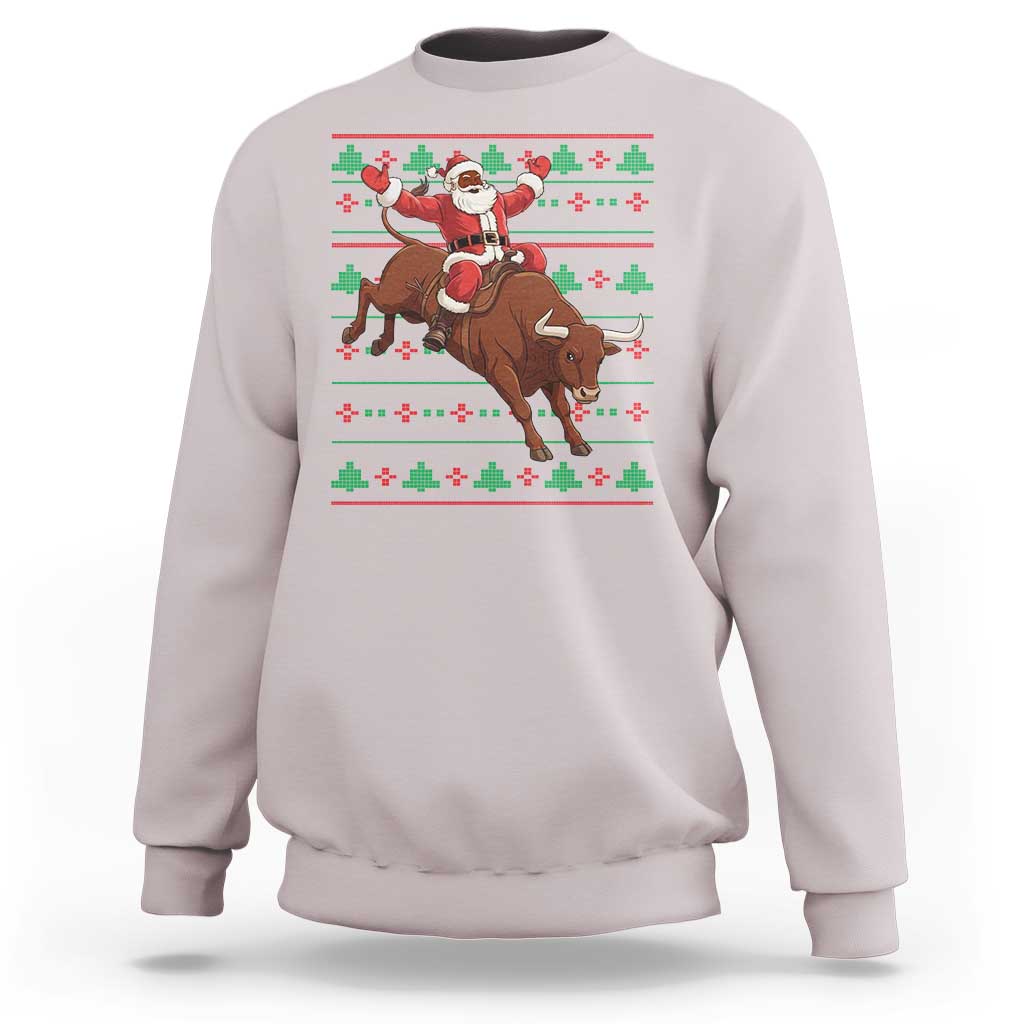 Funny Black Santa Riding Bull Sweatshirt Ugly Christmas Sweater Gift - Wonder Print Shop