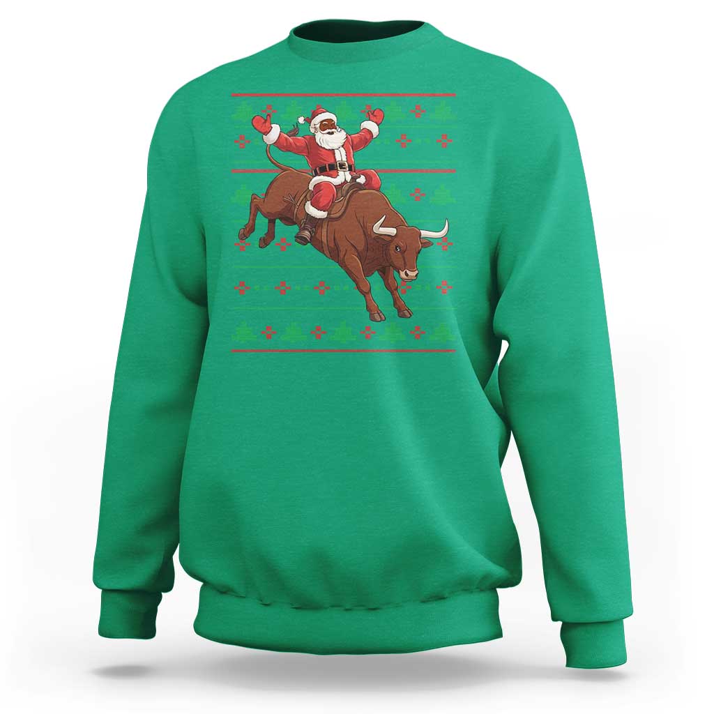 Funny Black Santa Riding Bull Sweatshirt Ugly Christmas Sweater Gift - Wonder Print Shop