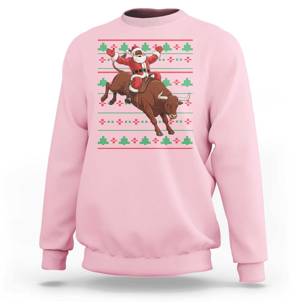 Funny Black Santa Riding Bull Sweatshirt Ugly Christmas Sweater Gift - Wonder Print Shop