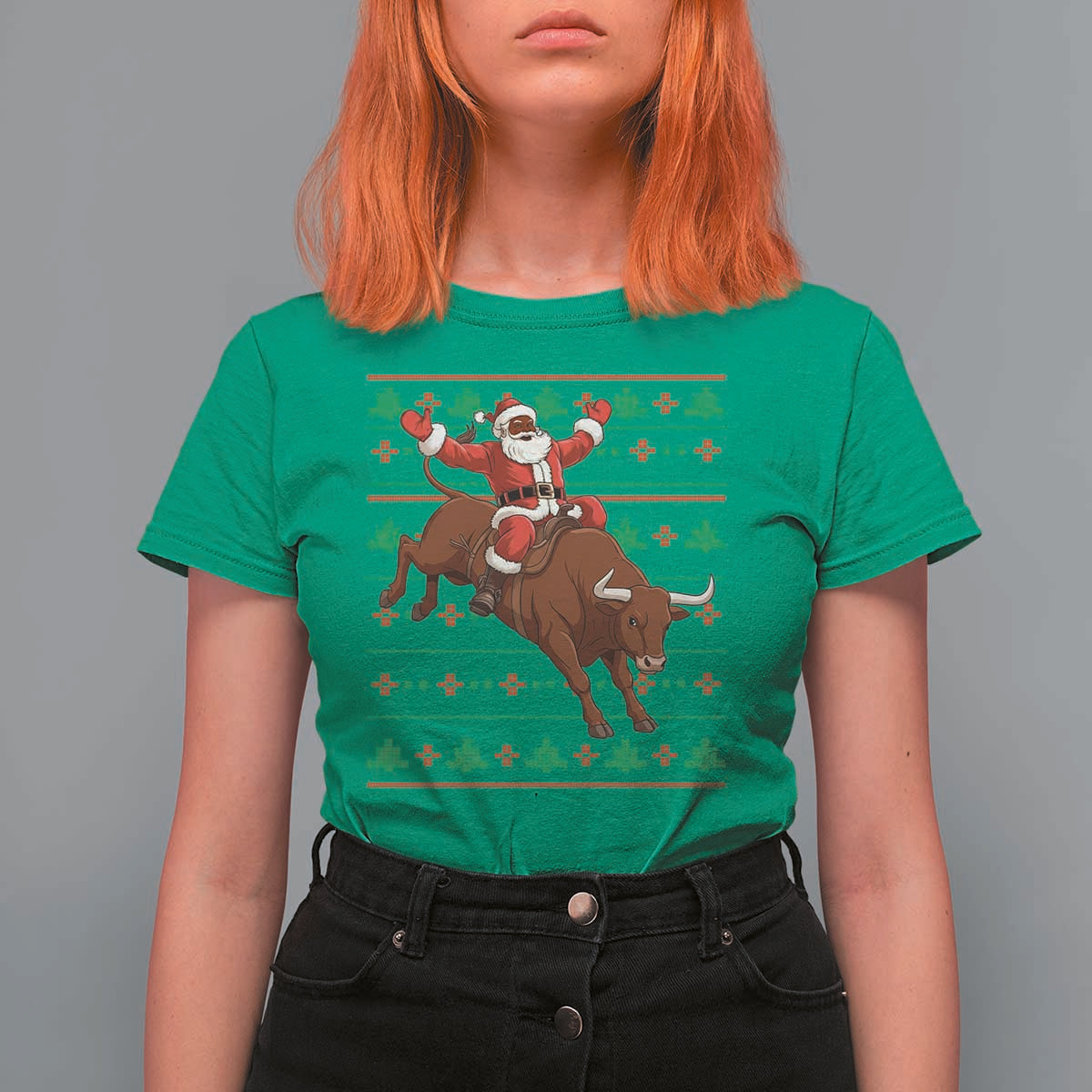 Funny Black Santa Riding Bull T Shirt For Women Ugly Christmas Sweater Gift - Wonder Print Shop