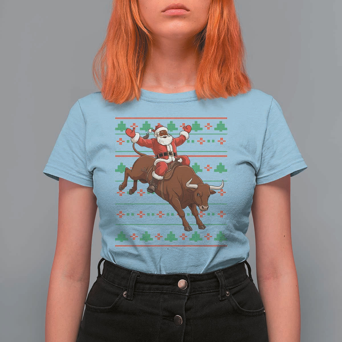 Funny Black Santa Riding Bull T Shirt For Women Ugly Christmas Sweater Gift - Wonder Print Shop