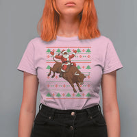 Funny Black Santa Riding Bull T Shirt For Women Ugly Christmas Sweater Gift - Wonder Print Shop