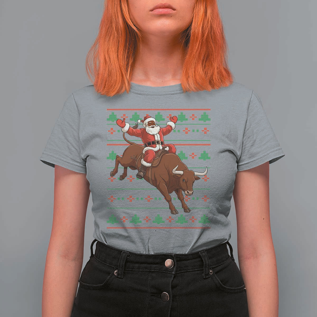 Funny Black Santa Riding Bull T Shirt For Women Ugly Christmas Sweater Gift - Wonder Print Shop