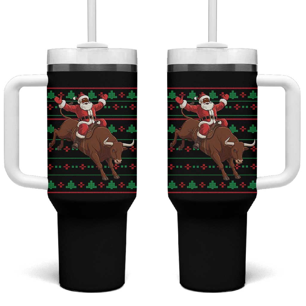Funny Black Santa Riding Bull Tumbler With Handle Ugly Christmas Sweater Gift - Wonder Print Shop