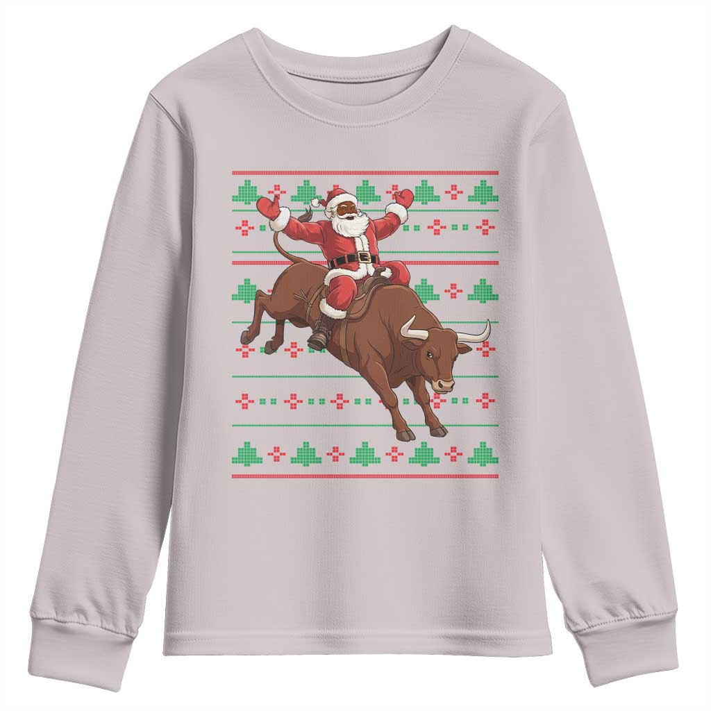 Funny Black Santa Riding Bull Youth Sweatshirt Ugly Christmas Sweater Gift - Wonder Print Shop