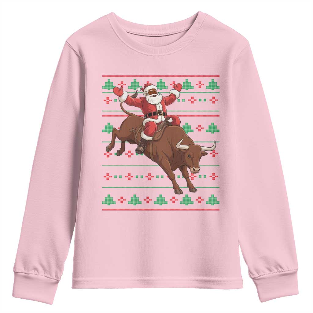 Funny Black Santa Riding Bull Youth Sweatshirt Ugly Christmas Sweater Gift - Wonder Print Shop