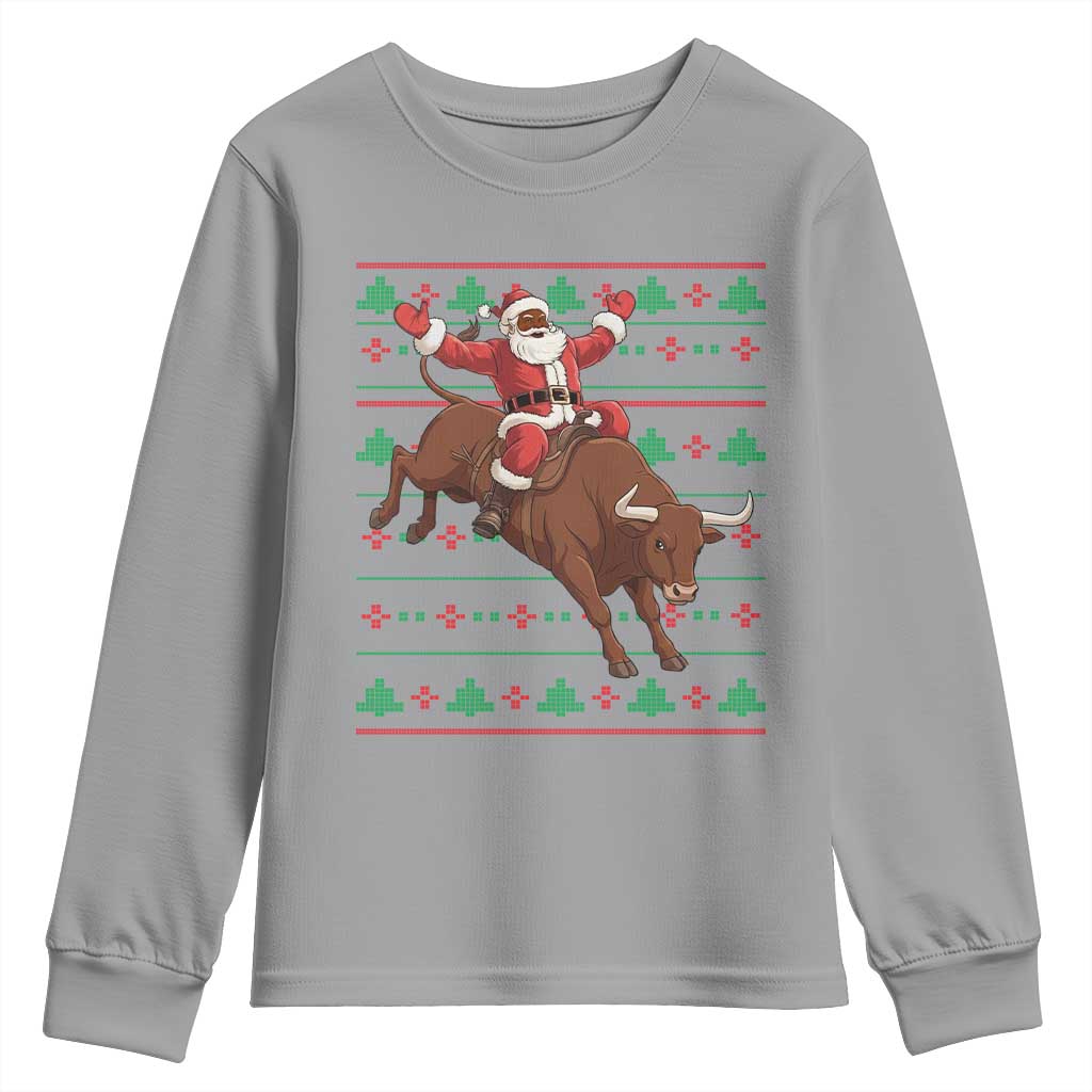 Funny Black Santa Riding Bull Youth Sweatshirt Ugly Christmas Sweater Gift - Wonder Print Shop
