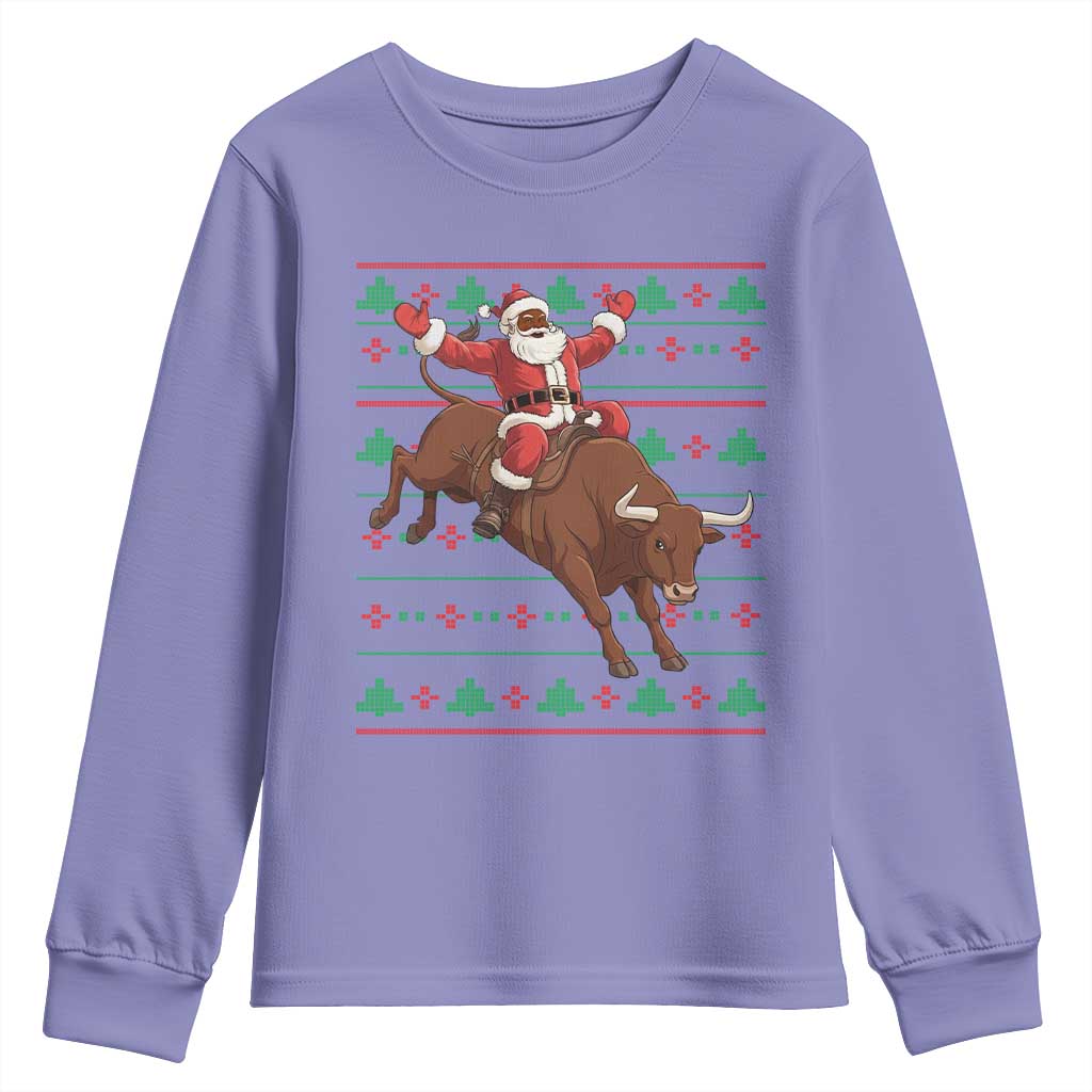Funny Black Santa Riding Bull Youth Sweatshirt Ugly Christmas Sweater Gift - Wonder Print Shop