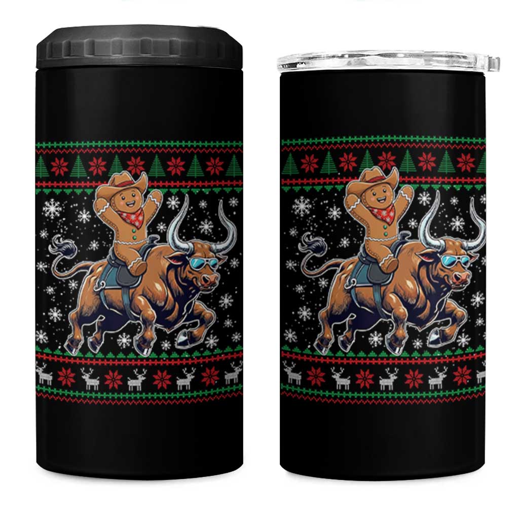Funny Gingerbread Man Riding Bull 4 in 1 Can Cooler Tumbler Cowboy Western Rodeo Christmas Gift - Wonder Print Shop