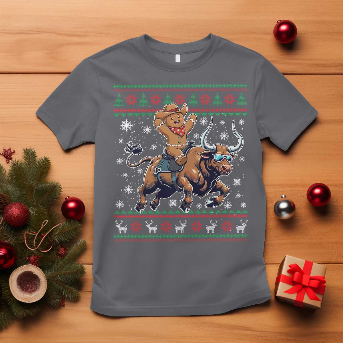 Funny Gingerbread Man Riding Bull T Shirt Cowboy Western Rodeo Christmas Gift - Wonder Print Shop