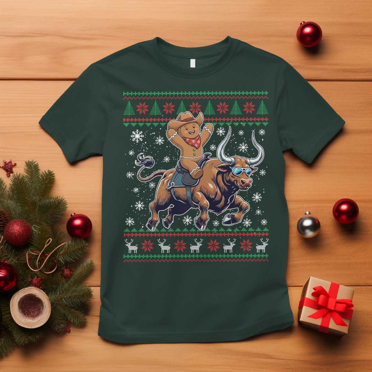 Funny Gingerbread Man Riding Bull T Shirt Cowboy Western Rodeo Christmas Gift - Wonder Print Shop