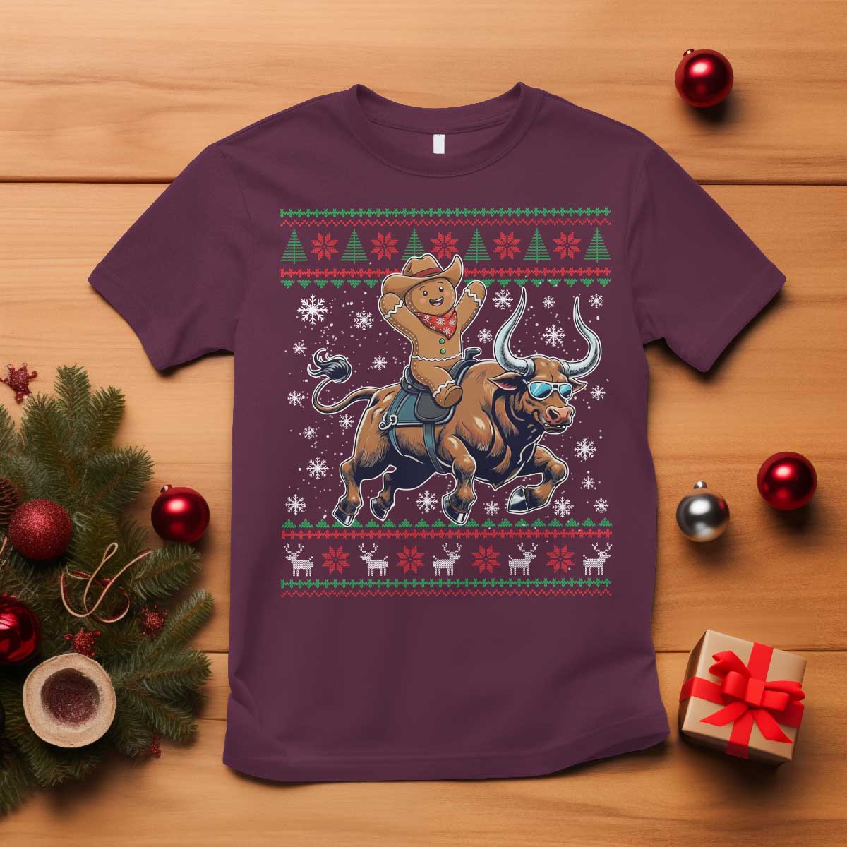 Funny Gingerbread Man Riding Bull T Shirt Cowboy Western Rodeo Christmas Gift - Wonder Print Shop